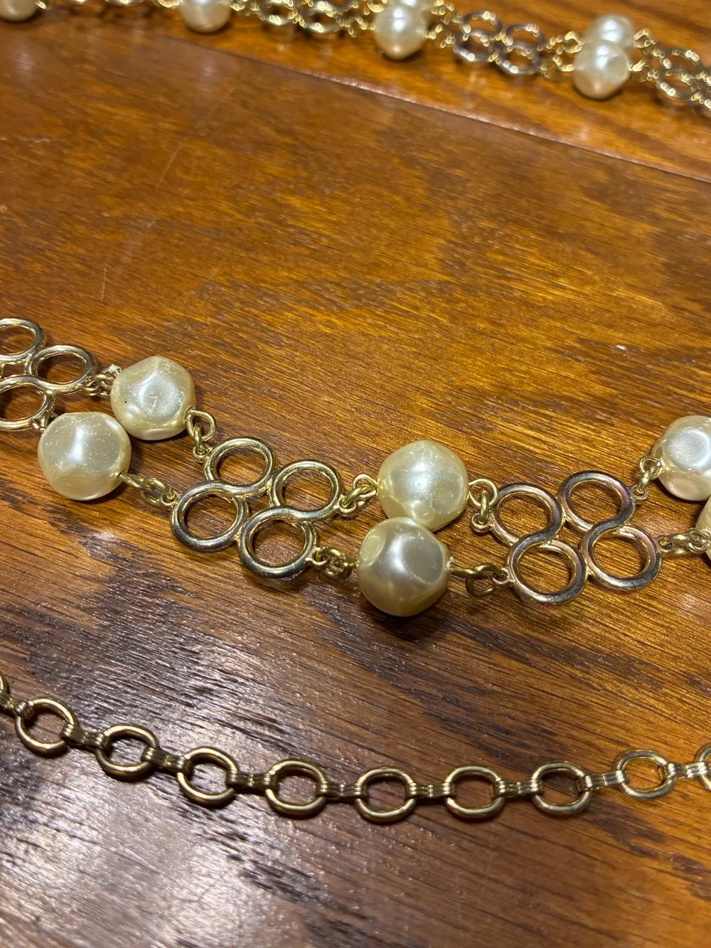 Vintage Gold Tone Faux Pearl Statement Chain Belt Open Link 47”L